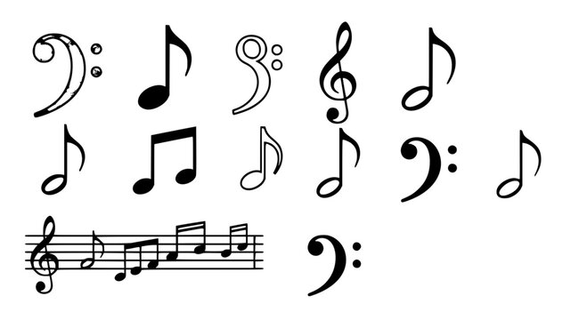 Musical notes and clefs set with various symbols for music notation featuring clef, treble clef, bass clef with whole