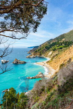 Coastal mountains and rocky inlets in Julia Pfeiffer Burns State Park