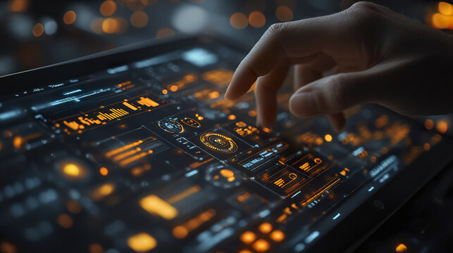 Futuristic digital interface with glowing orange data charts and graphs being manipulated by hand, showcasing advanced technology and interactive analytics in dark environment