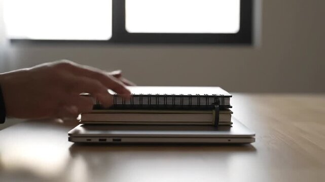 Person Working on Laptop with Notebooks Nearby.