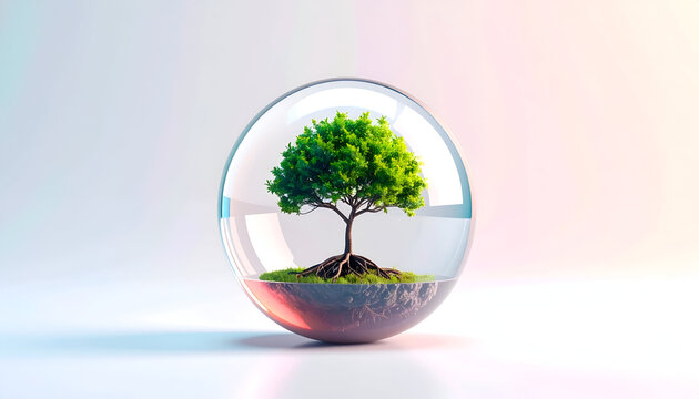 Green tree growing inside glass sphere on gradient background in an environmental concept