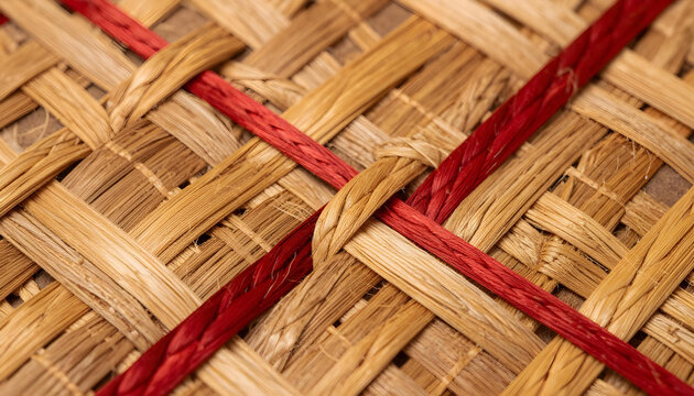 Close-up of woven natural straw and red raffia texture with intricate interlacing pattern