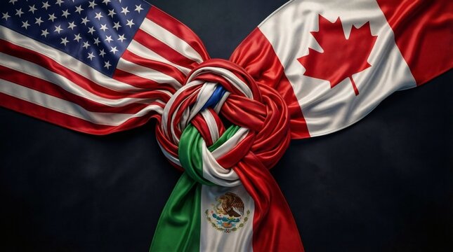 Trilateral knot of USA Canada and Mexico flags representing North American trade alliance and USMCA