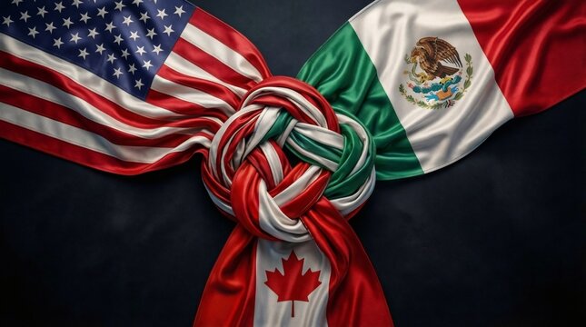 USA Mexico and Canada flags tied in a complex knot representing regional partnership and unity
