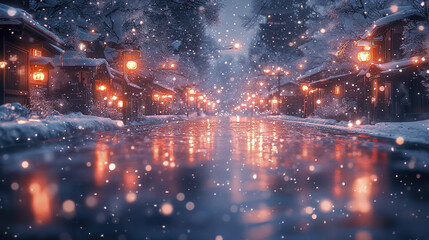 Obraz premium Snowy quiet street at night with glowing lanterns reflecting on wet pavement, creating magical winter atmosphere filled with soft falling snowflakes and warm light