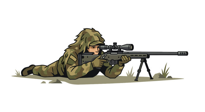 Sniper in camouflage gear lying prone aiming rifle from elevated vantage point illustration outdoors