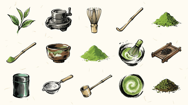 A collection of traditional Japanese matcha tea ceremony tools and ingredients, including whisks, bowls, scoops, and powdered green tea.