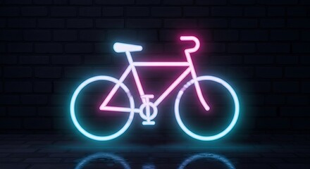 Fototapeta premium Illuminated illustration of a bicycle with neon lines, rendered against a dark brick background. A glowing sign that symbolizes cycling