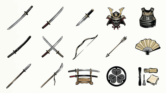 A collection of traditional Japanese samurai weapons, armor, and cultural artifacts, including swords, helmets, and fans, presented in a grid layout.