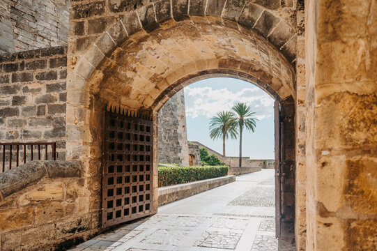 Historic stone gate arch at Royal Palace of La Almudaina, Mallorca