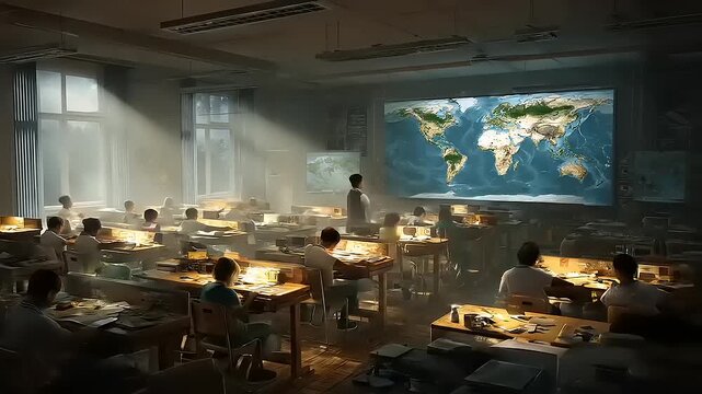 Illuminated classroom with studying students learning global geography projected on big screen environment