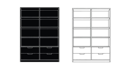 Black and white illustration of two identical bookshelves with drawers © Tm Studio