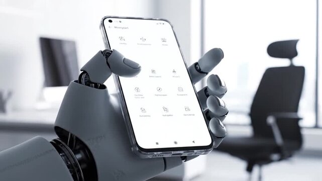 Robot Hand Holding Smartphone in Office.