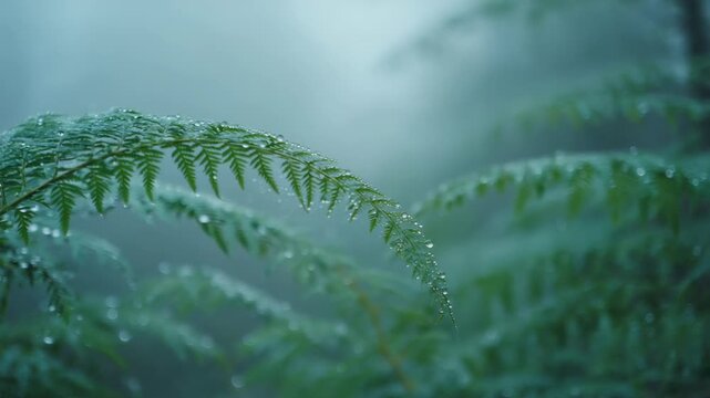 Fern leaves covered in misty forest moisture