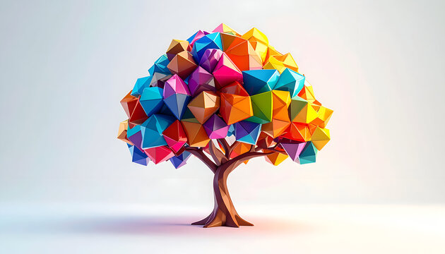 Polygonal tree with colorful geometric leaves low poly style on white background