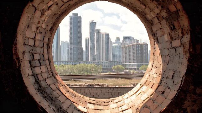 A circular brick opening frames a city skyline. The foreground features weathered brickwork, while the background reveals modern buildings