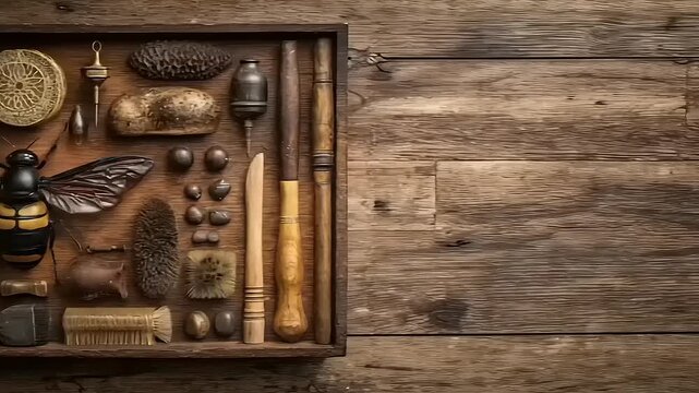 Artistic Arrangement of Natural Elements, Vintage Utensils and Beetle on Wooden Surface with rustic charm