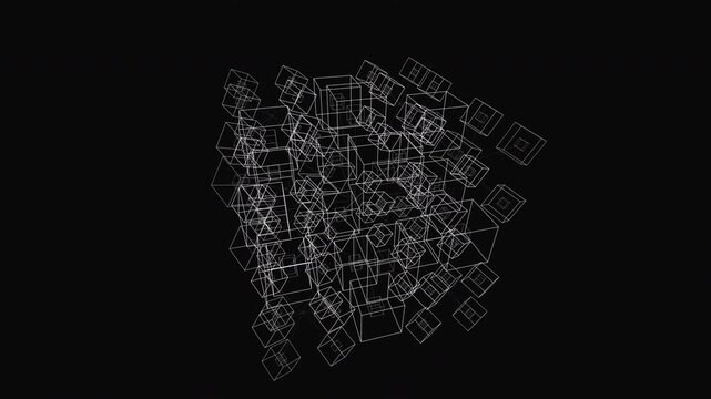 Endless 4K animation of a brutalism-inspired geometric fractal performing a modular construction. High-contrast 3D linear structural schematic designed for spatial design and digital twin environments