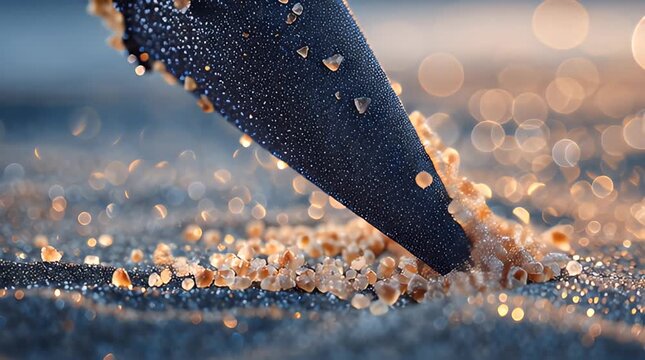A close-up showcases a dark, textured object, possibly an abstract element, speckled with dots. Light particles and golden bokeh add a dreamy, atmospheric aesthetic
