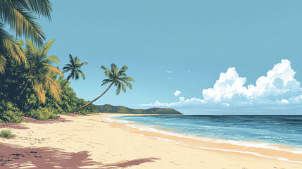 Fototapeta premium Tropical beach with palm trees and clear blue water under bright sky with fluffy clouds, creating serene and peaceful coastal landscape