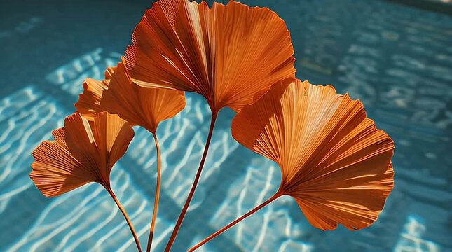 A cluster of stylized orange leaves with prominent vein structures against a turquoise watery background. Light and shadow create depth and mood