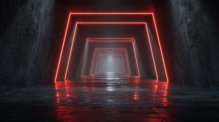 Fototapeta premium Neon tunnel with red lights and reflection
