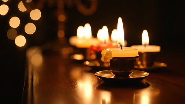 Row Of Lit Candles On A Wooden Table With Bokeh Lights In The Background