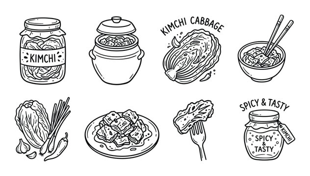 Collection of hand drawn kimchi dishes and ingredients in sketchy style vector art