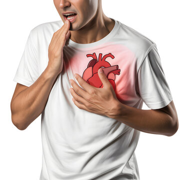 Man experiencing sudden chest pain with an anatomical heart illustration glowing over his torso.