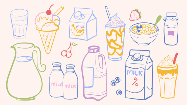 Colorful milk and dairy doodle set with bottles, carton, jug, milkshake, ice cream and drinks. Hand drawn line illustration collection for menu, packaging, cafe and food design.ustration