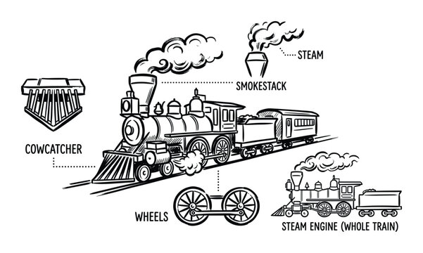 Diagram of steam locomotive parts featuring smokestack wheels and cowcatcher in sketch style