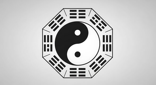 A monochrome illustration of a yin-yang symbol within an octagonal frame featuring trigrams, centered on a gradient grey background