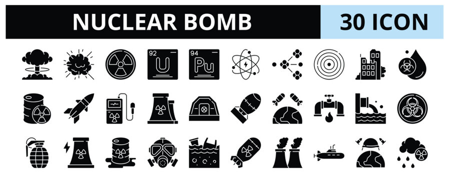 30 Nuclear Bomb Glyph Banner Web Icon Set Vector Illustration 