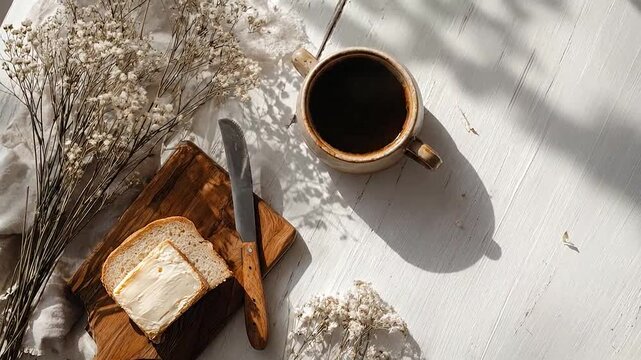 A simple breakfast with buttered bread and a cup of coffee