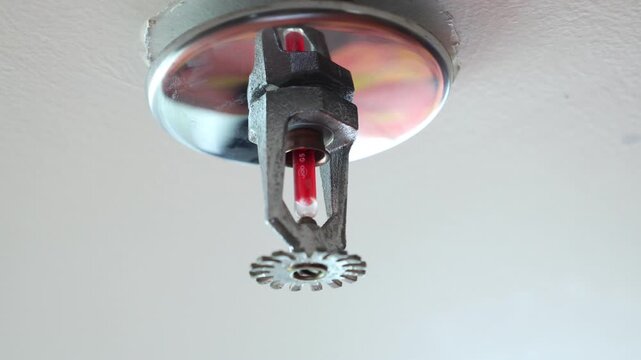 Fire fighting equipment, sprinkler on white ceiling background.Automatic head fire sprinkler extinguisher selected focus on sprinkler.
