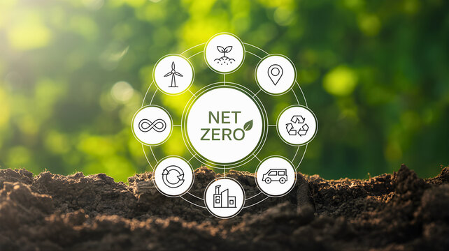 Sustainability concept with net zero emissions icons on soil against a green blurred background in a photographic image