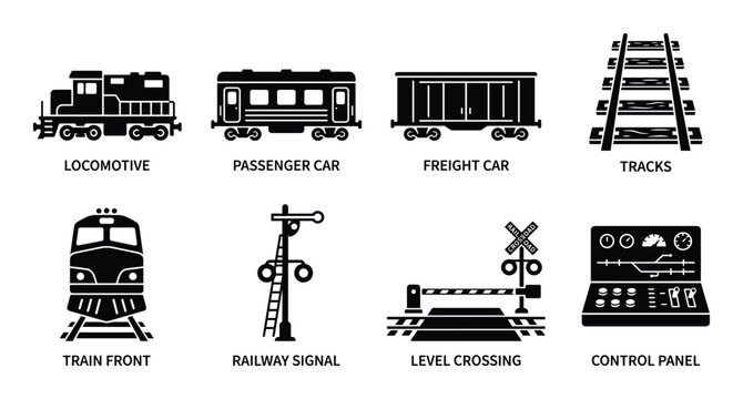 Railway transport icons black silhouettes of locomotive freight and passenger cars tracks and signals