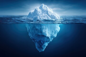 Massive White Iceberg Floating in Deep Blue Ocean Under Dramatic Cloudy Sky with Sun Rays Shining on Summit Isolated Arctic Landscape Scene Serene Cold Environment