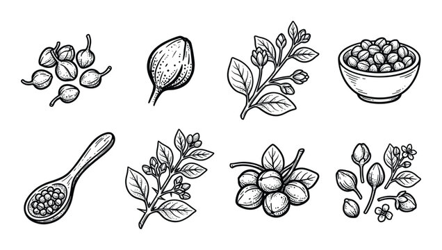 Set of caper plant hand drawn sketch in doodle style, capers, buds, leaves, branches, flowers