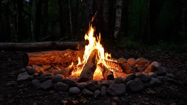 A cozy campfire burns brightly at night, illuminating a serene forest setting with fallen logs and a stone ring