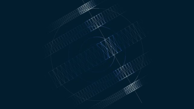 Seamless 4K loop of a blueprint bridge truss performing a scanner sweep over structural architecture wireframes, ideal for engineering visualization, parametric design, and futuristic property tech.