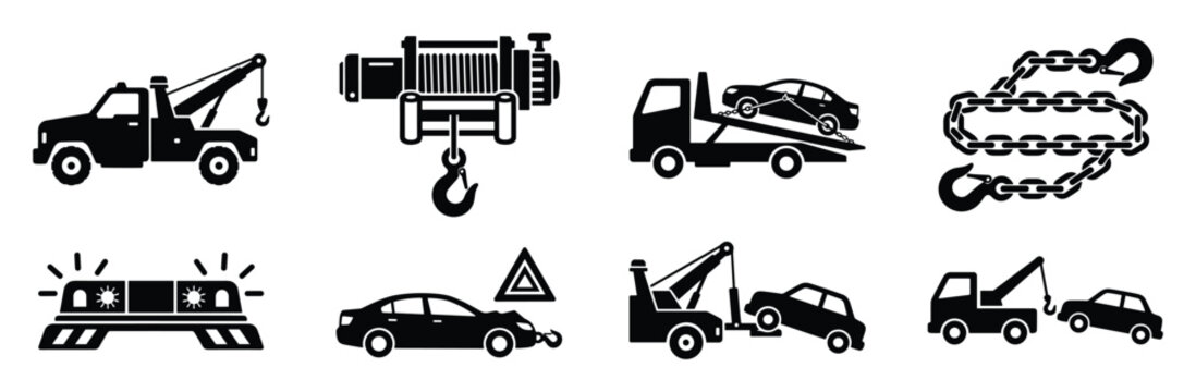 Tow truck service icons set including vehicle winch chain and emergency signals