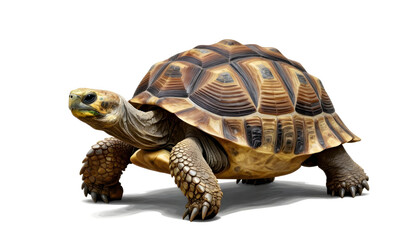 Fototapeta premium Detailed close-up of a large tortoise with a textured shell walking on a white background
