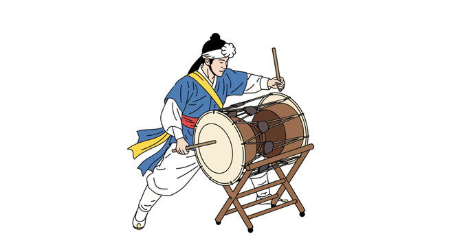 Traditional Korean Drummer Playing Janggu Drum.