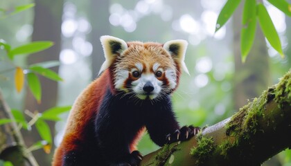 Obraz premium Close-up shot of a red panda standing on a mossy tree branch in a forest with lush greenery and a blurred background.