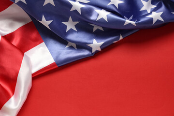 Obraz premium Flag of USA on red background, closeup. Memorial Day celebration