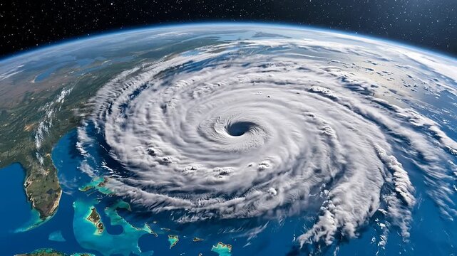 hurricane eye satellite view over atlantic ocean with spiral clouds
