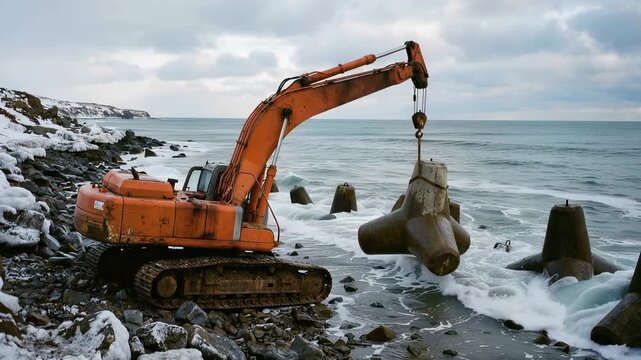 An excavator operates along a rocky coastline, lifting large concrete blocks from the water's edge. The scene captures construction activity near the sea under gray skies