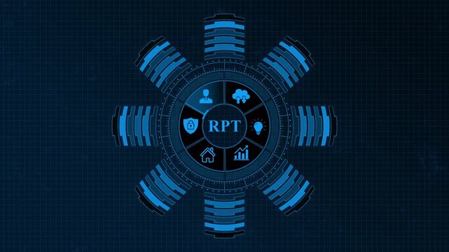 R P T Report Dashboard with Security Shield, User Profile, Cloud Storage, Light Bulb, House, and Graph on Dark Blue Background with Grid Pattern