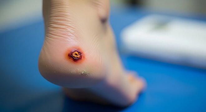 Close up of a foot with a large red and black wound or ulcer